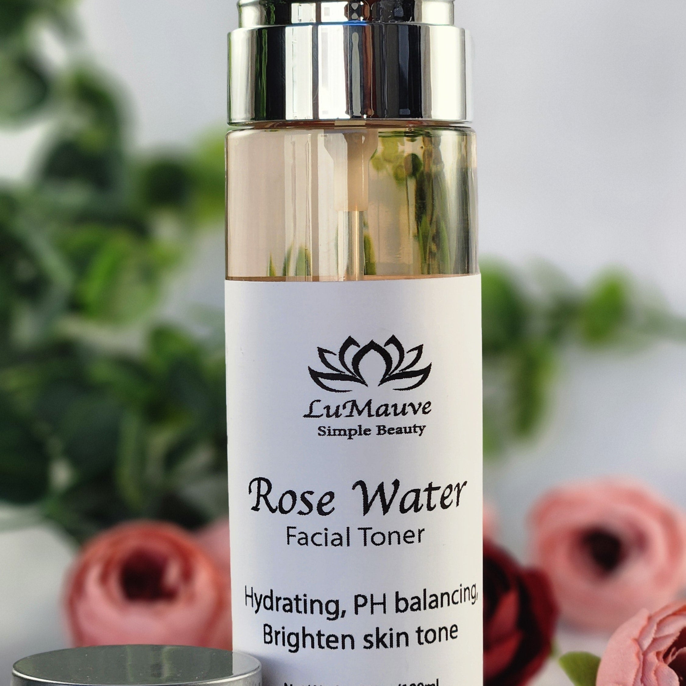 Bottle of rose toner with silver lid