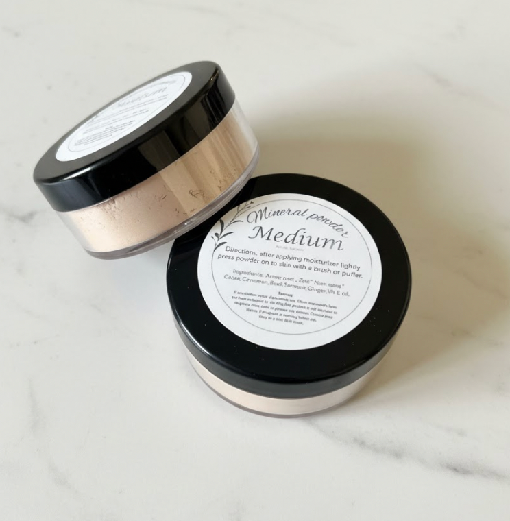 Mineral powder container with black lid and white label on a light background